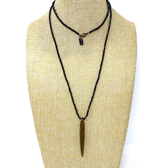 DYLAN K Dagger Copper Pendant On Caviar Black Pyrite Beaded Necklace MSRP 220 - Picture 9 of 11